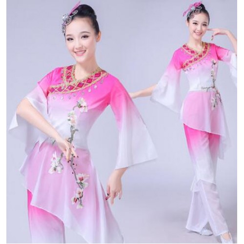Women's Chinese folk dance costumes minority ancient traditional yangko fan umbrella stage performance dresses top and pants